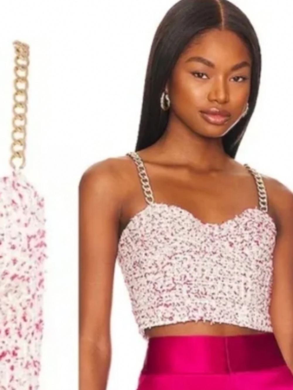 New Alice + Olivia White & Pink Tweed Crop Top Gold chain straps bustier top S 4 - Picture 2 of 6